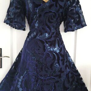 Monsoon Navy Blue Velvet Floral Sequin Lace Dress - Size 10